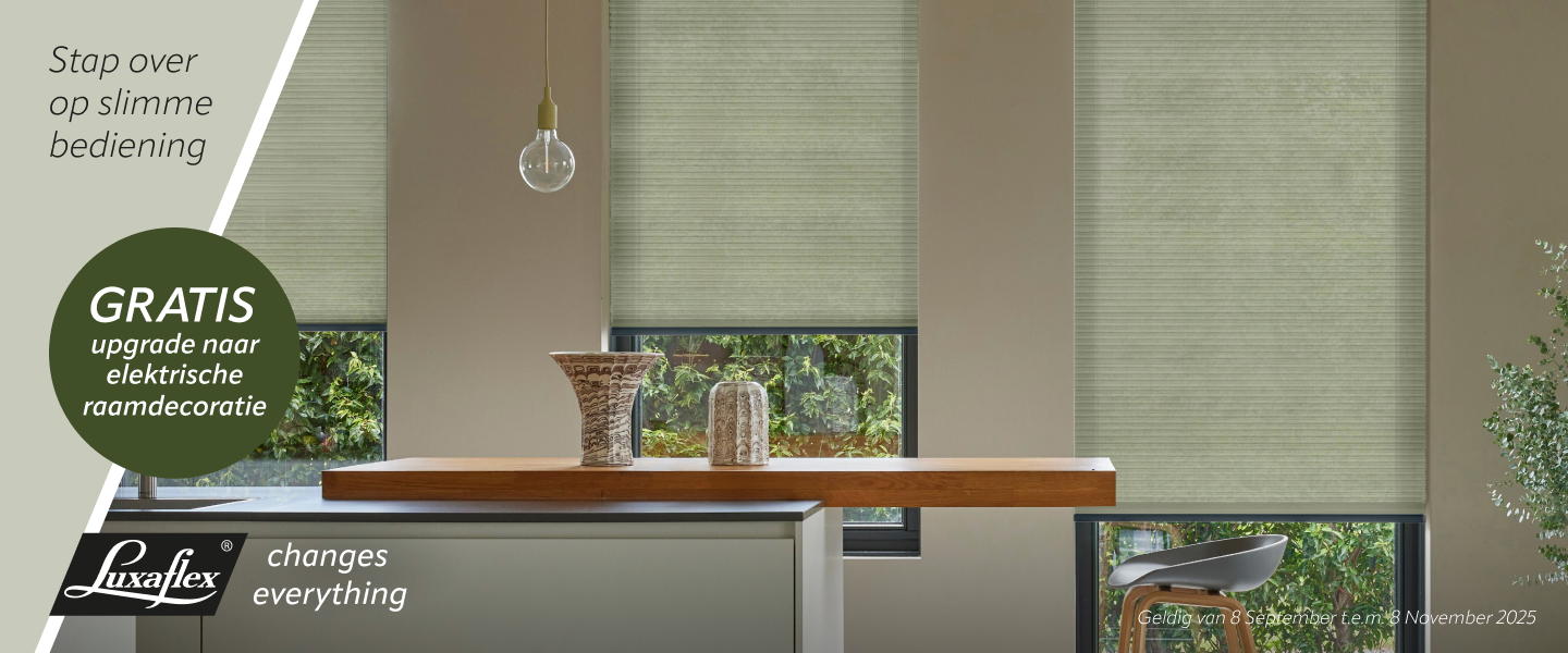 Gratis upgrade naar elektrische raamdecoratie van het merk Luxaflex
